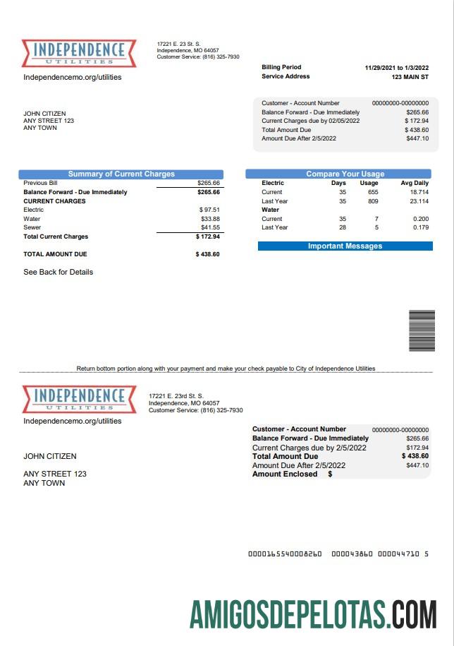imprimível Modelo de conta de serviços públicos da independência do Missouri dos EUA em formato Word e PDF